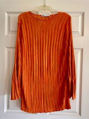 Zara Bright Orange Pleated Long Sleeve Top